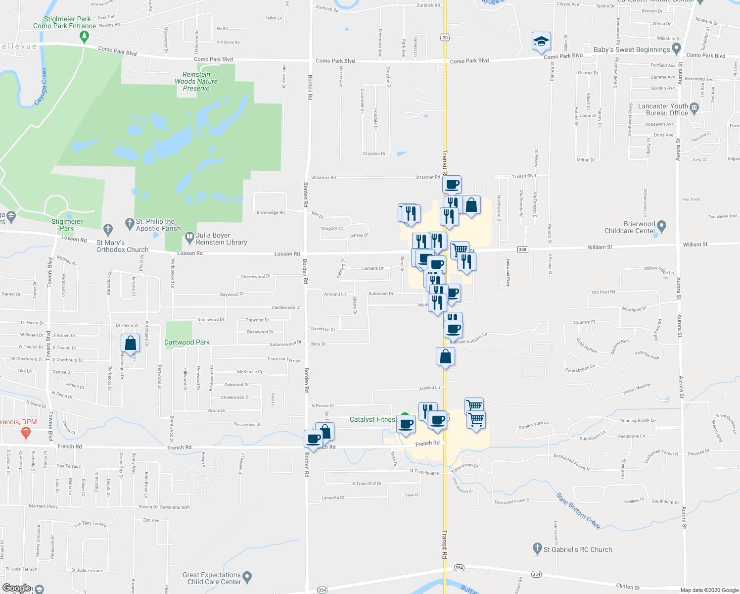 map of restaurants, bars, coffee shops, grocery stores, and more near 117 Dubonnet Drive in Depew