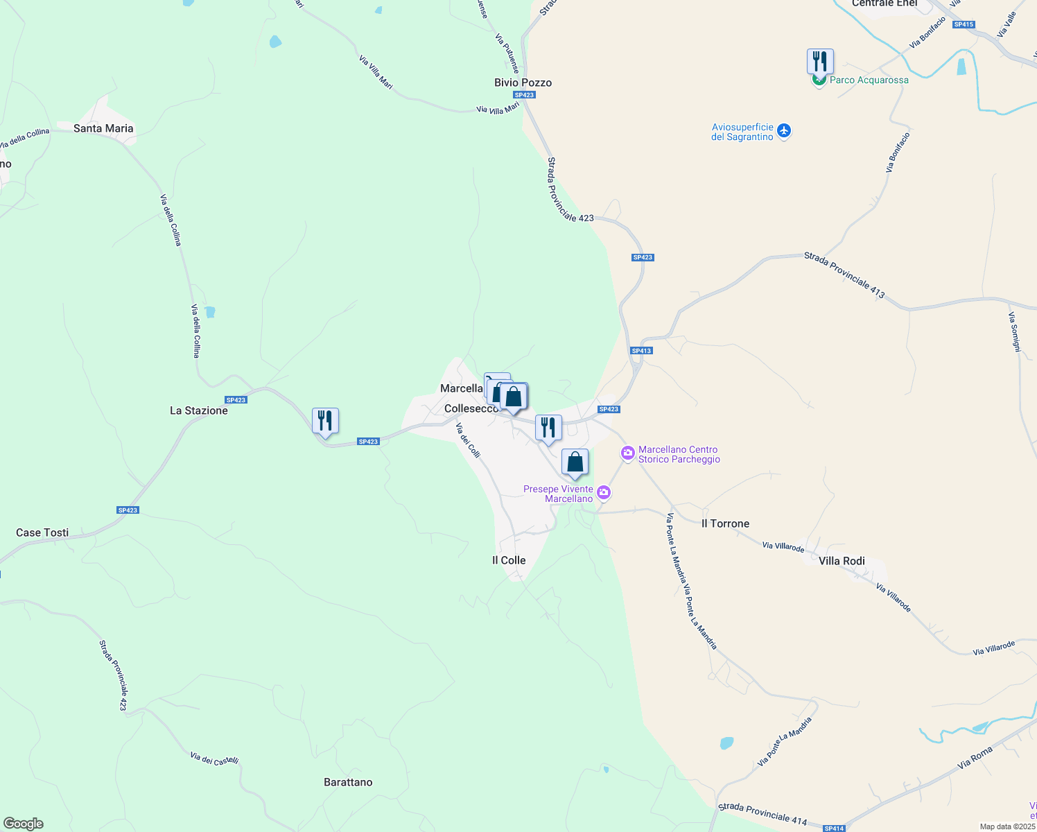 map of restaurants, bars, coffee shops, grocery stores, and more near 17 Via San Terenziano in Marcellano