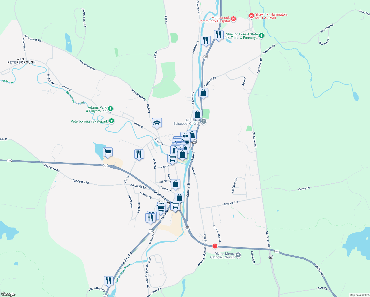 map of restaurants, bars, coffee shops, grocery stores, and more near 0 Depot Street in Peterborough