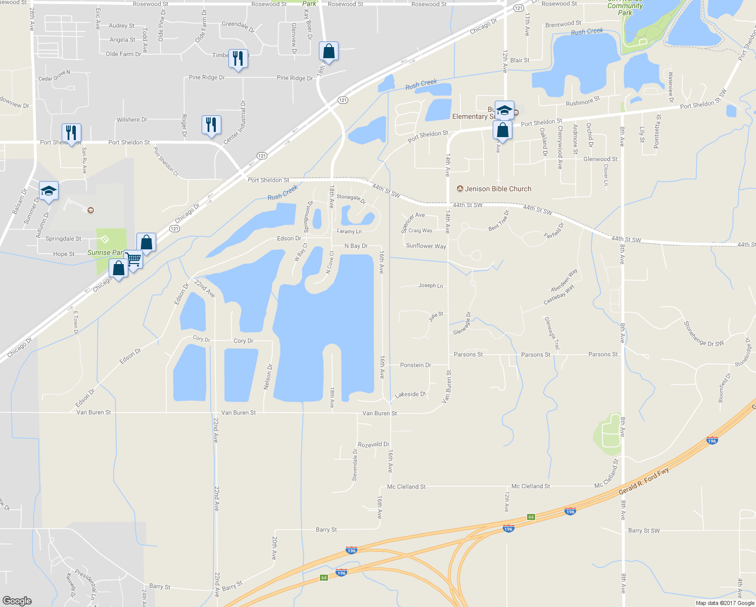 map of restaurants, bars, coffee shops, grocery stores, and more near 5981 16th Avenue in Hudsonville