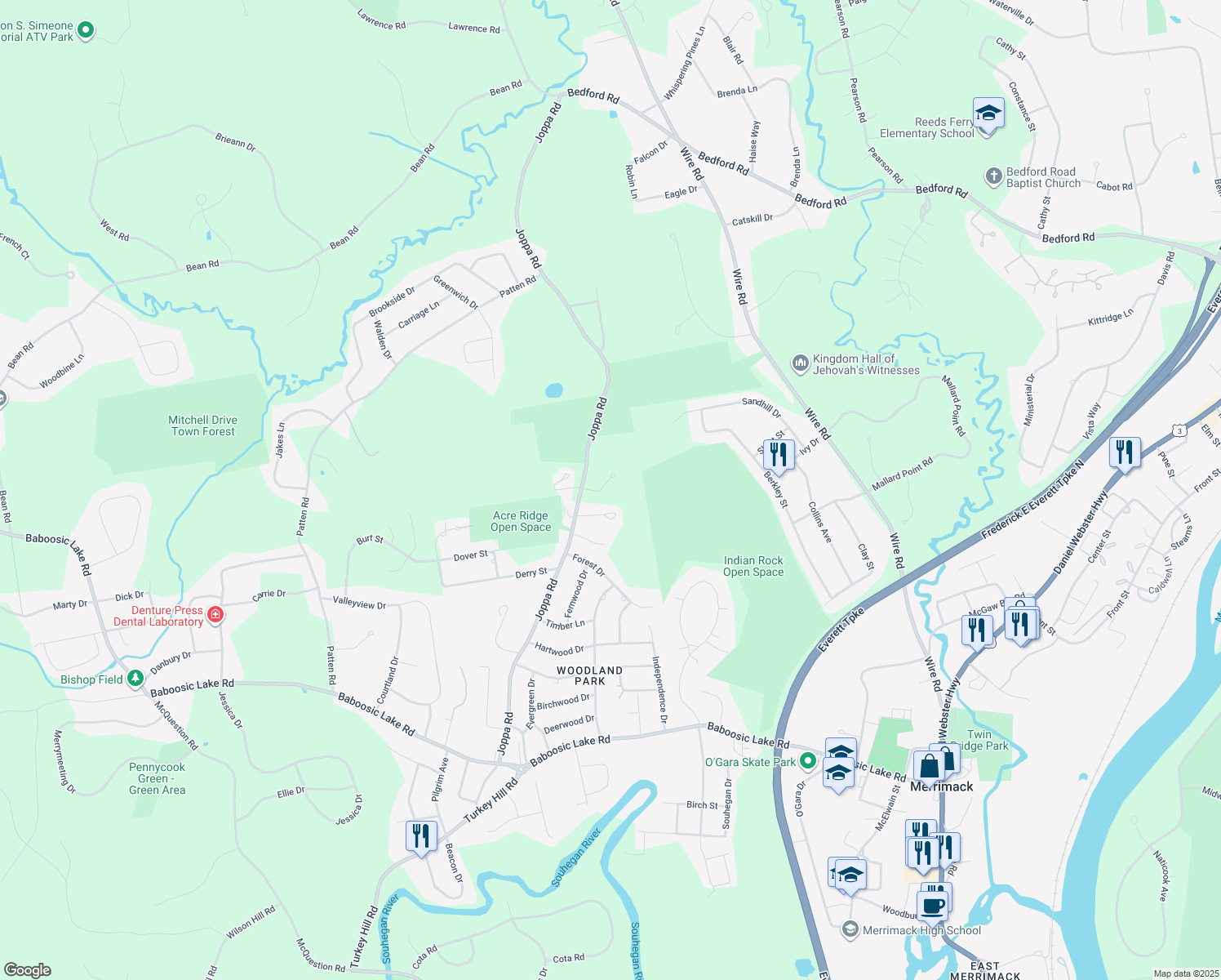 map of restaurants, bars, coffee shops, grocery stores, and more near 1 Donovan Court in Merrimack