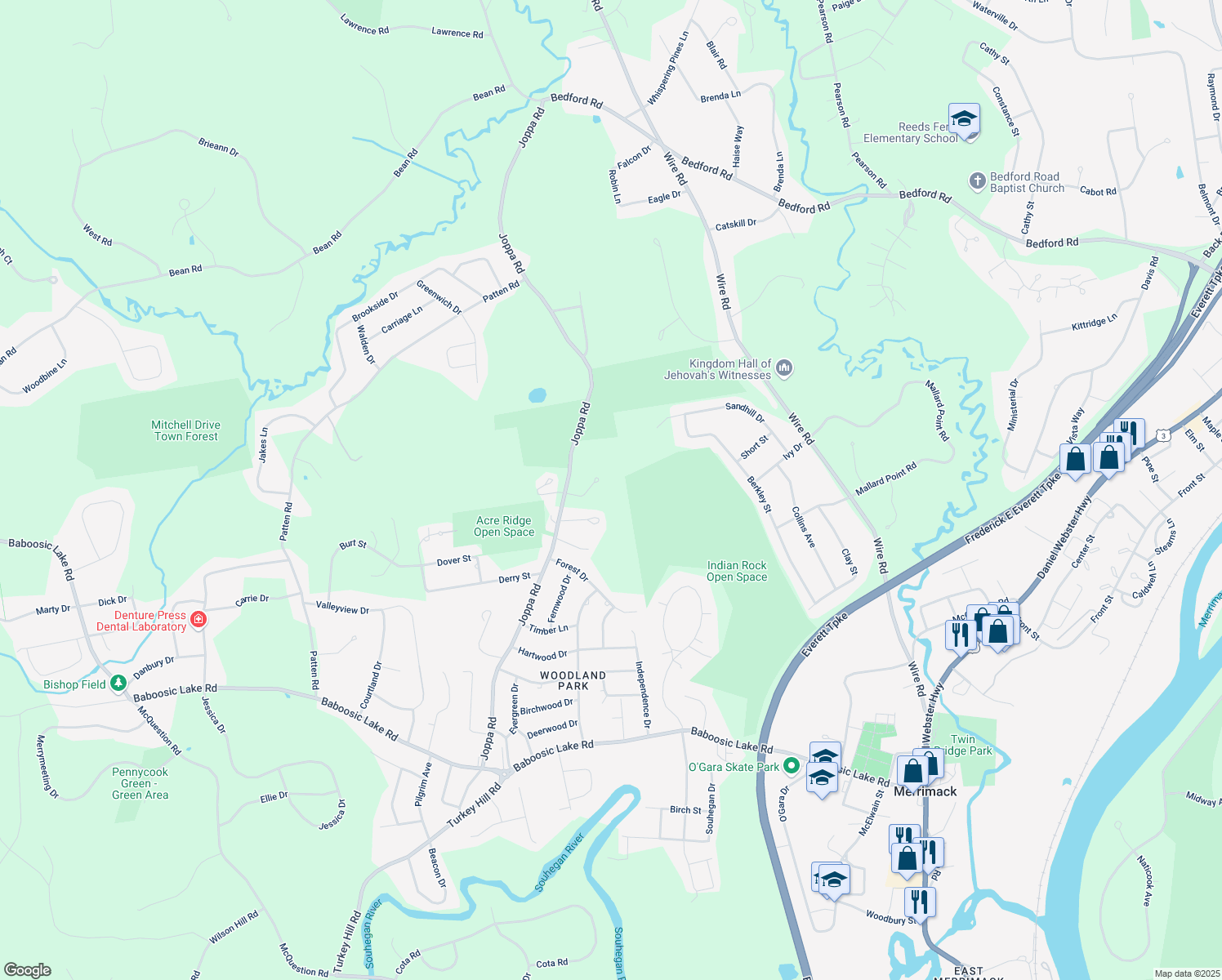 map of restaurants, bars, coffee shops, grocery stores, and more near 98 Donovan Ct in Merrimack