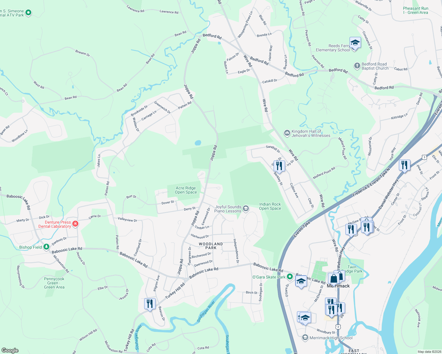 map of restaurants, bars, coffee shops, grocery stores, and more near 98 Donovan Court in Merrimack