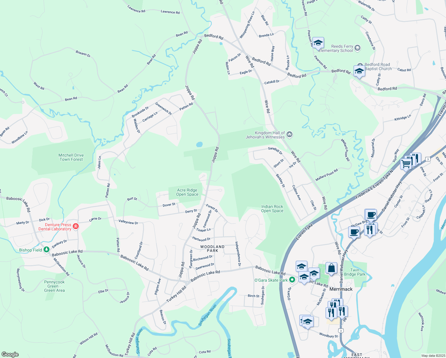 map of restaurants, bars, coffee shops, grocery stores, and more near 98 Donovan Court in Merrimack