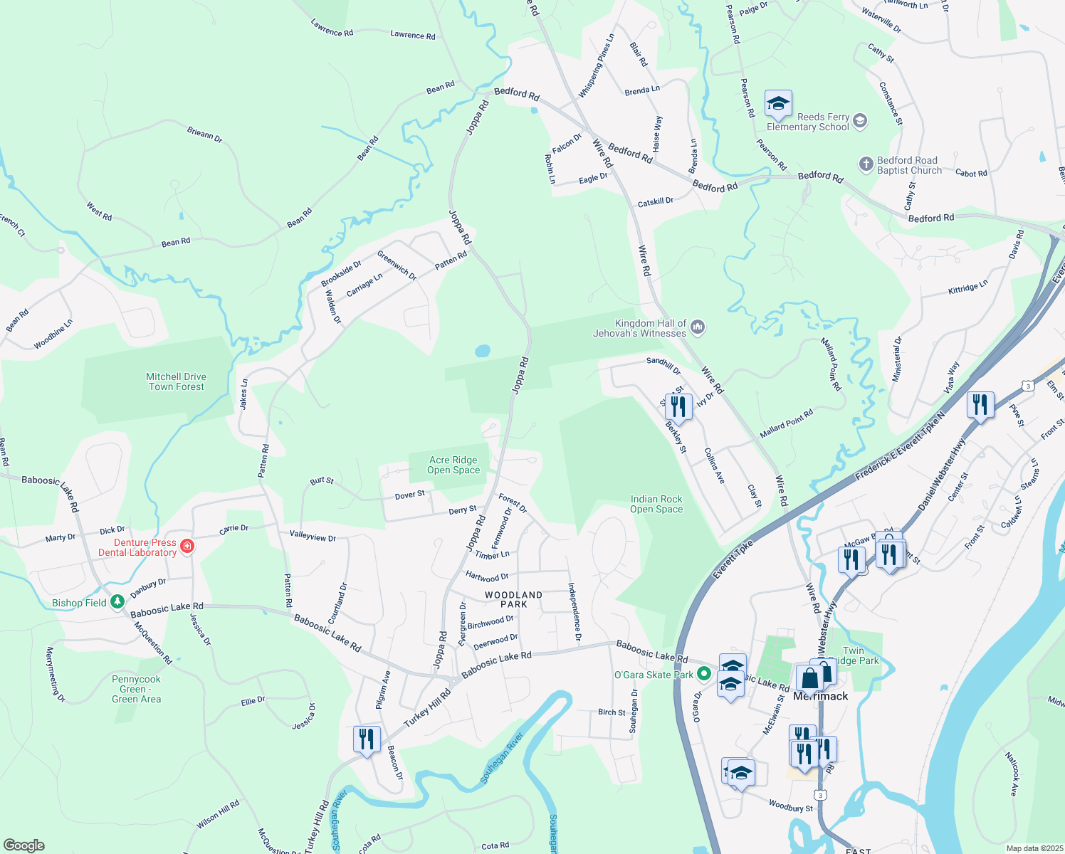 map of restaurants, bars, coffee shops, grocery stores, and more near 98 Donovan Ct in Merrimack