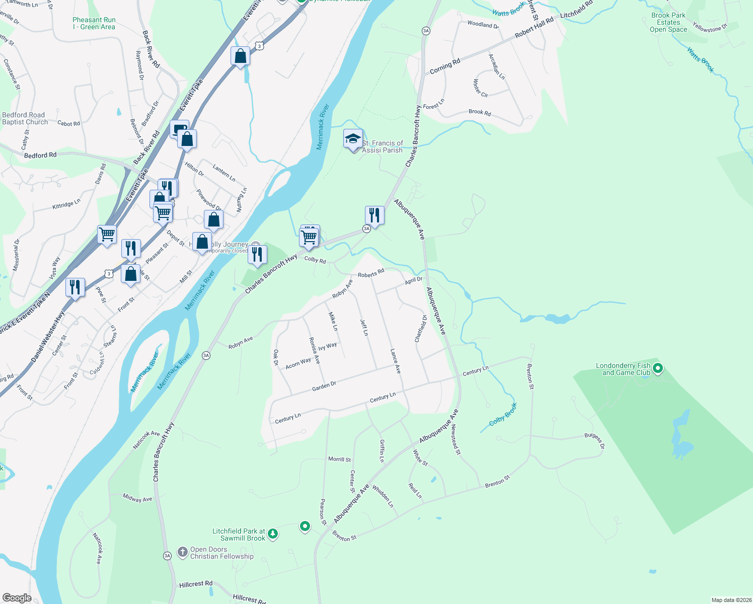 map of restaurants, bars, coffee shops, grocery stores, and more near 7 Lance Avenue in Litchfield