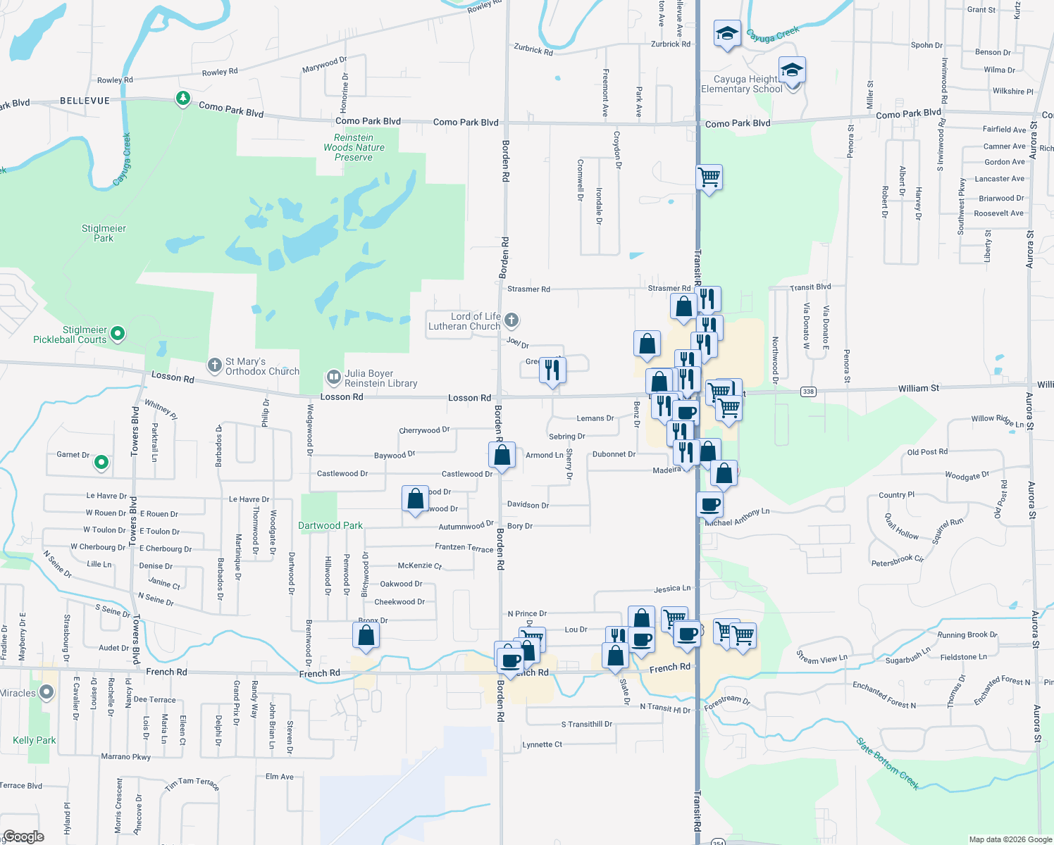 map of restaurants, bars, coffee shops, grocery stores, and more near 1363 Losson Road in Depew