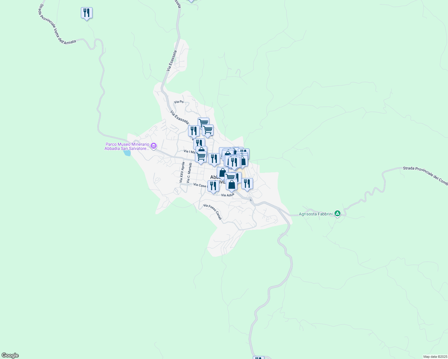 map of restaurants, bars, coffee shops, grocery stores, and more near Strada Provinciale del Monte Amiata in Abbadia San Salvatore