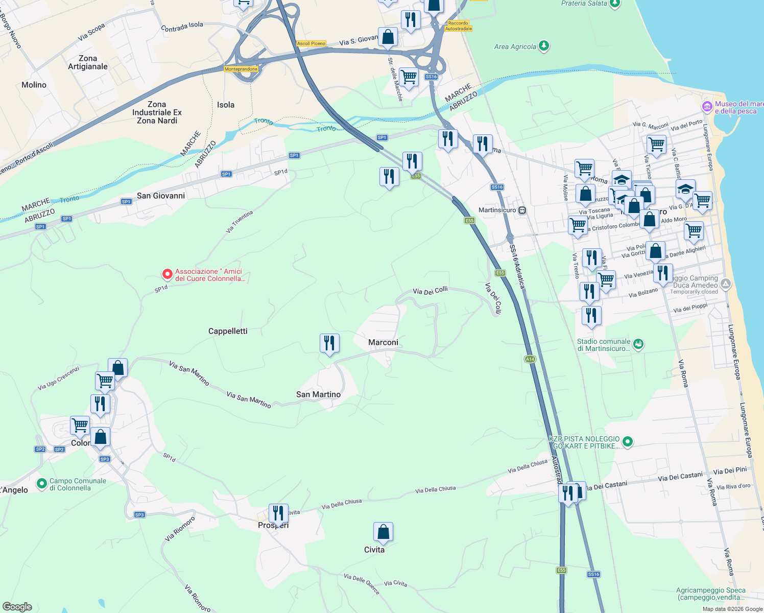 map of restaurants, bars, coffee shops, grocery stores, and more near 15 Via Mauro Rostagno in Provincia di Teramo