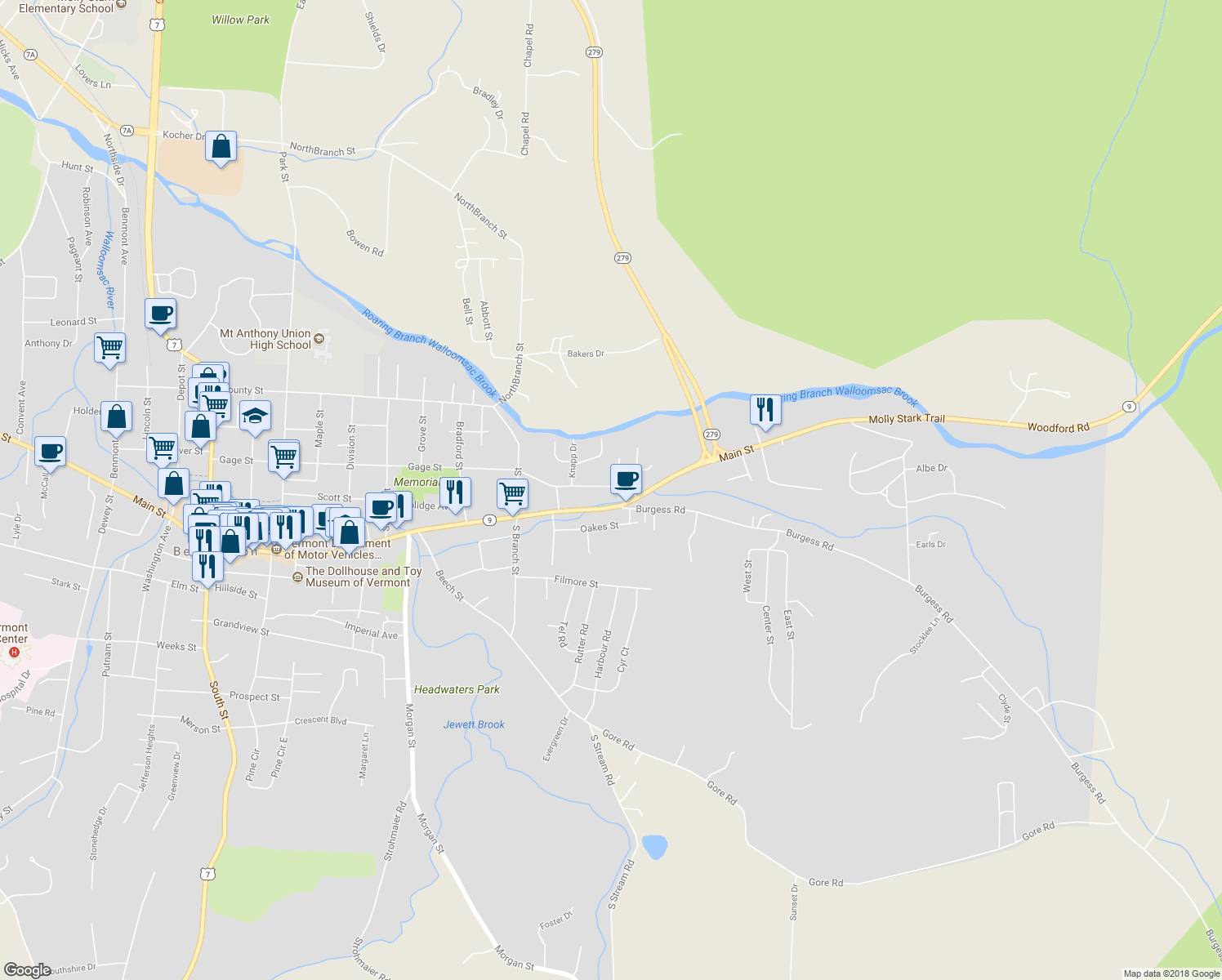 map of restaurants, bars, coffee shops, grocery stores, and more near 947 Gage Street in Bennington