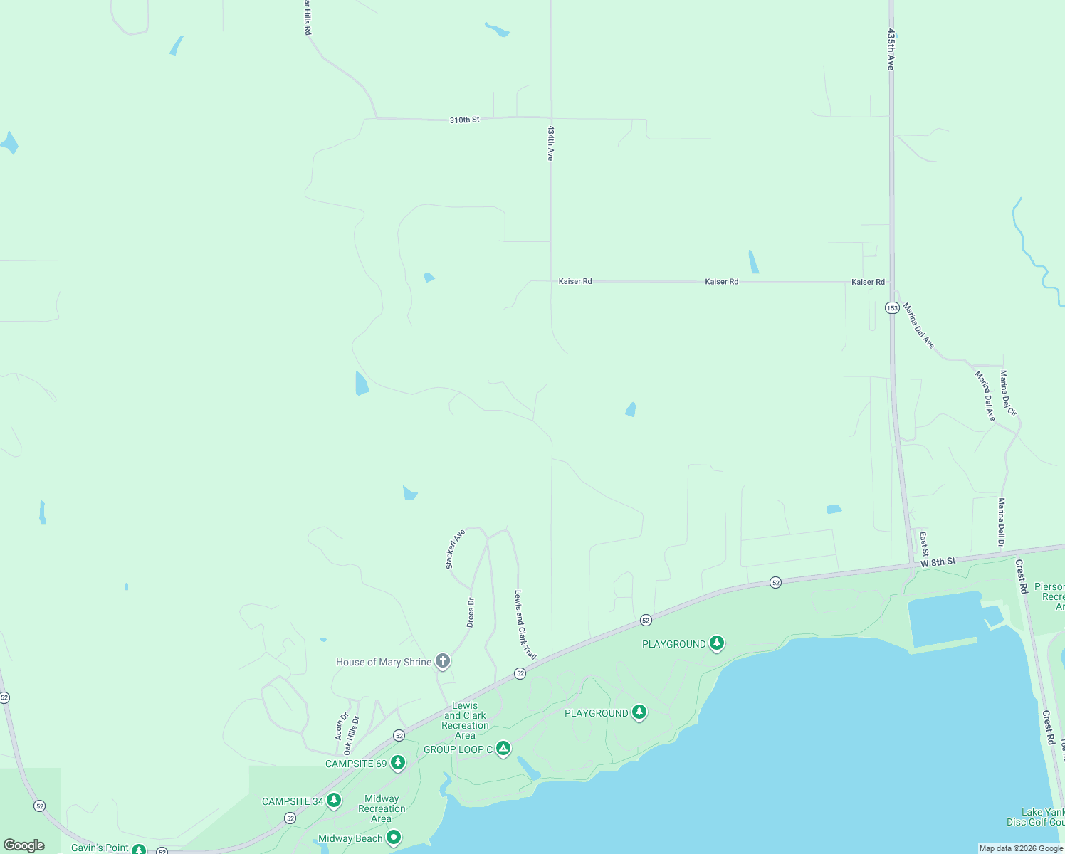 map of restaurants, bars, coffee shops, grocery stores, and more near 434th Ave in Yankton