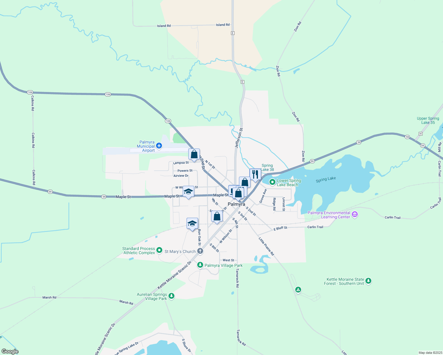 map of restaurants, bars, coffee shops, grocery stores, and more near 509 North 1st Street in Palmyra