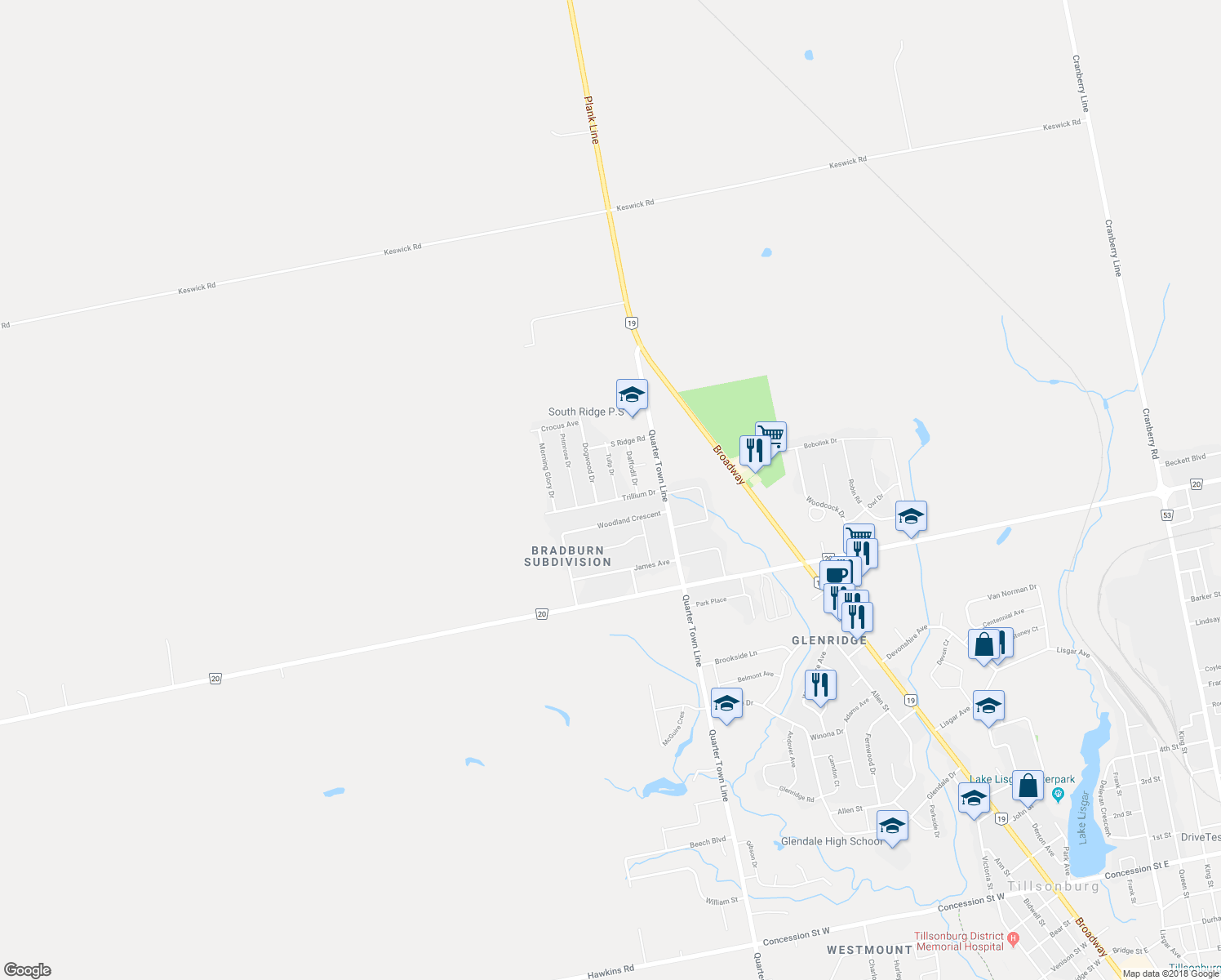 map of restaurants, bars, coffee shops, grocery stores, and more near 5 Tulip Drive in Tillsonburg