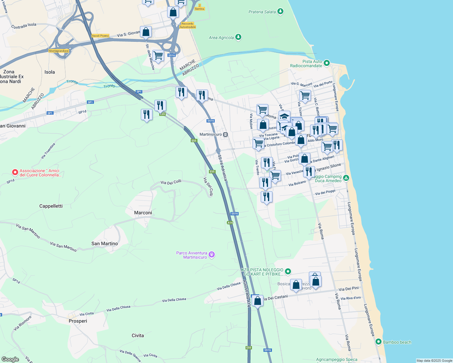 map of restaurants, bars, coffee shops, grocery stores, and more near Strada Statale 16 in Martinsicuro