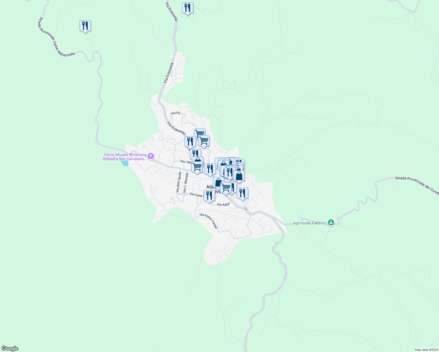 map of restaurants, bars, coffee shops, grocery stores, and more near Via Cavour in Abbadia San Salvatore