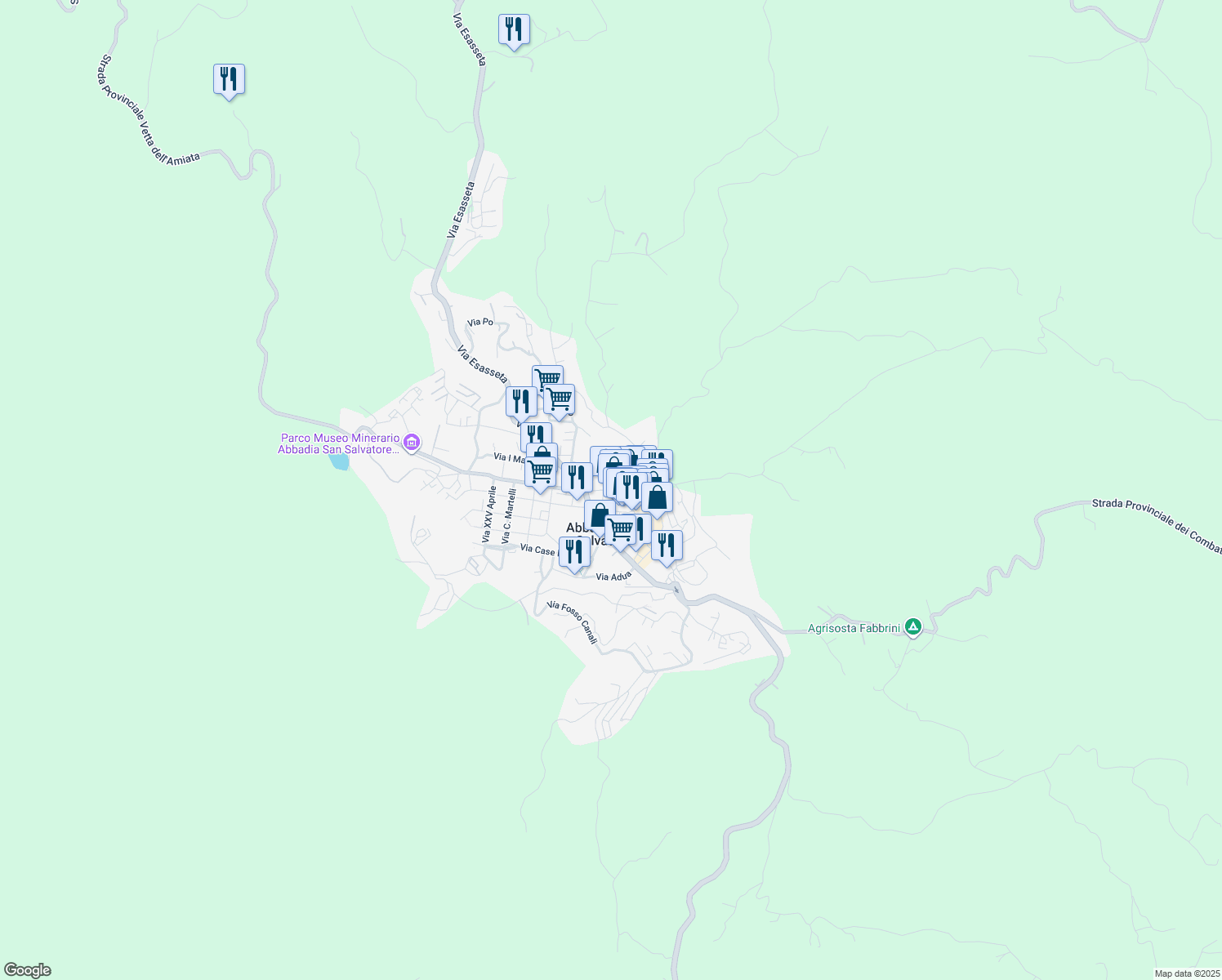 map of restaurants, bars, coffee shops, grocery stores, and more near Via Cavour in Abbadia San Salvatore