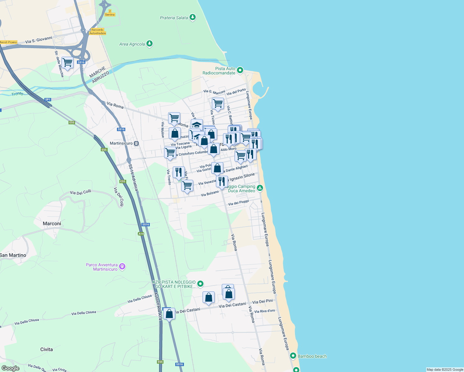map of restaurants, bars, coffee shops, grocery stores, and more near 9 Via Giacomo Leopardi in Martinsicuro