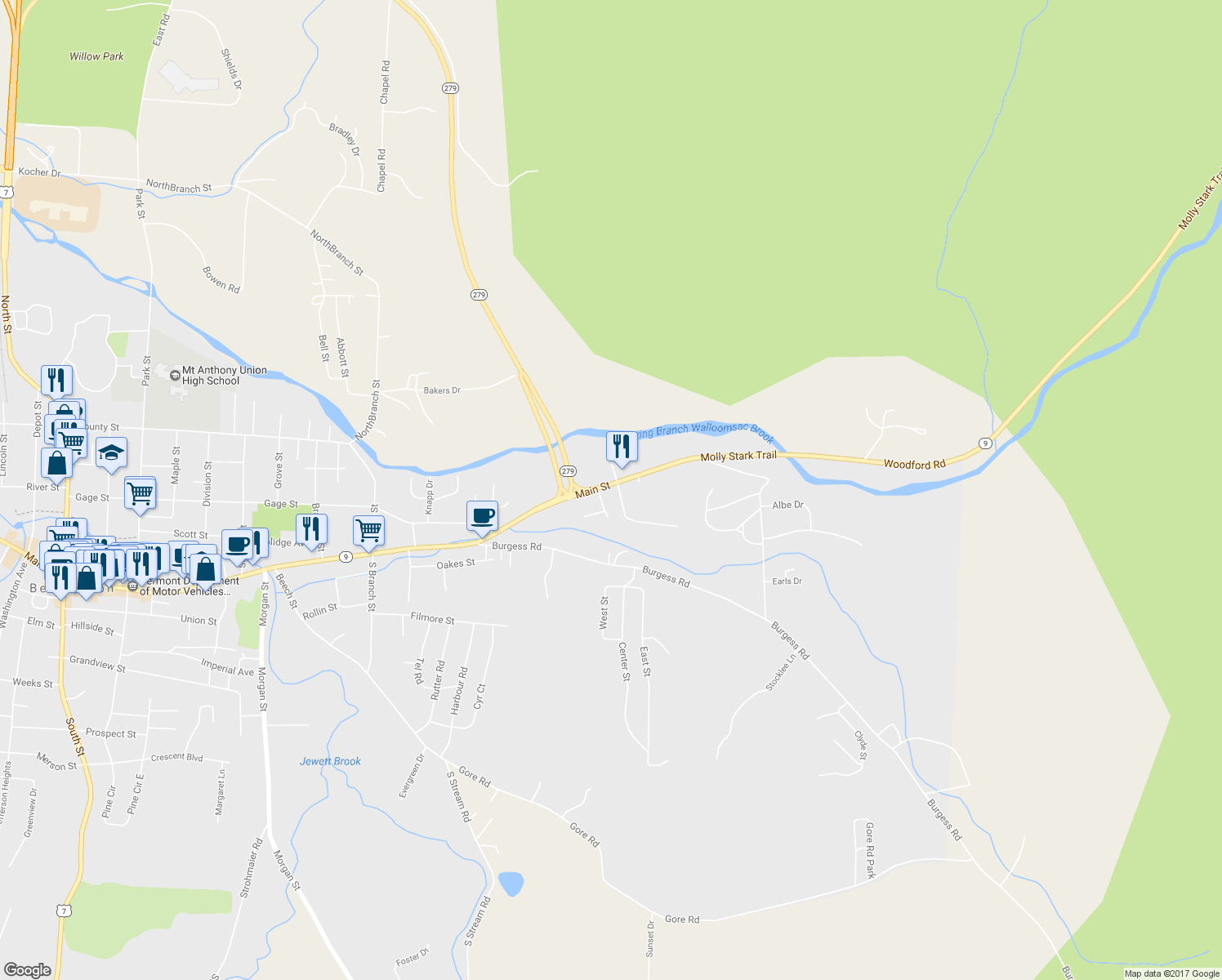 map of restaurants, bars, coffee shops, grocery stores, and more near 1089 Main Street in Bennington