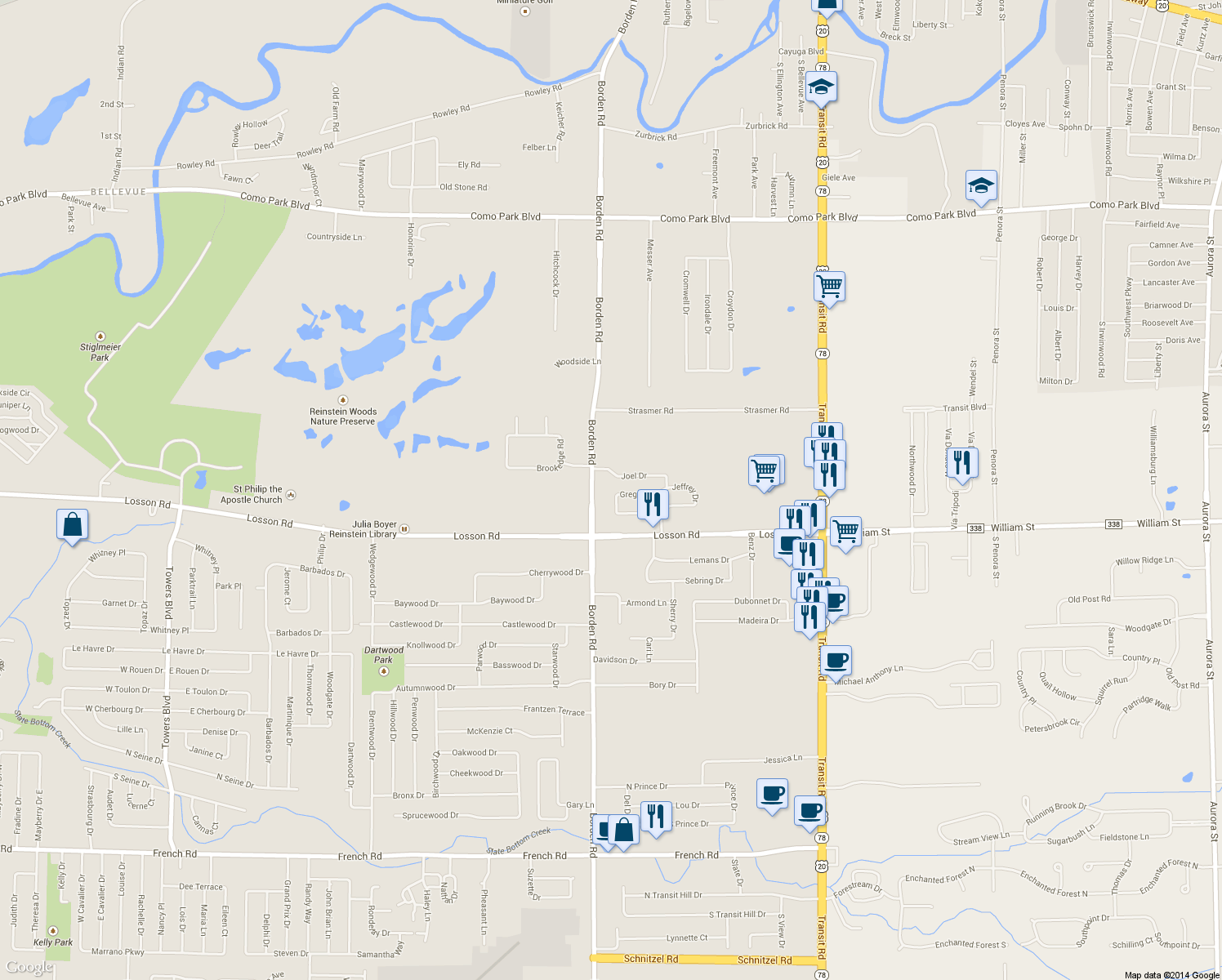 map of restaurants, bars, coffee shops, grocery stores, and more near 71 Gregory Ct in Depew