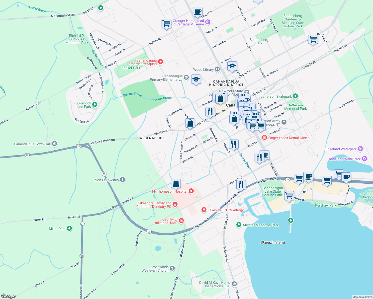 map of restaurants, bars, coffee shops, grocery stores, and more near 244 Prospect St in Canandaigua