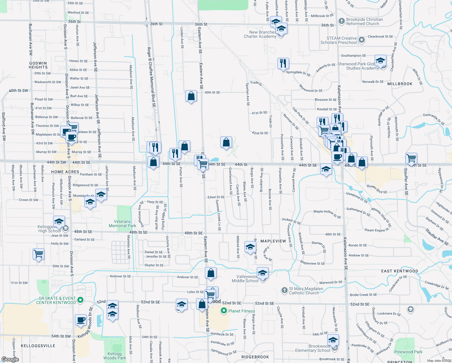 map of restaurants, bars, coffee shops, grocery stores, and more near 4504 Marshall Ave SE in Kentwood