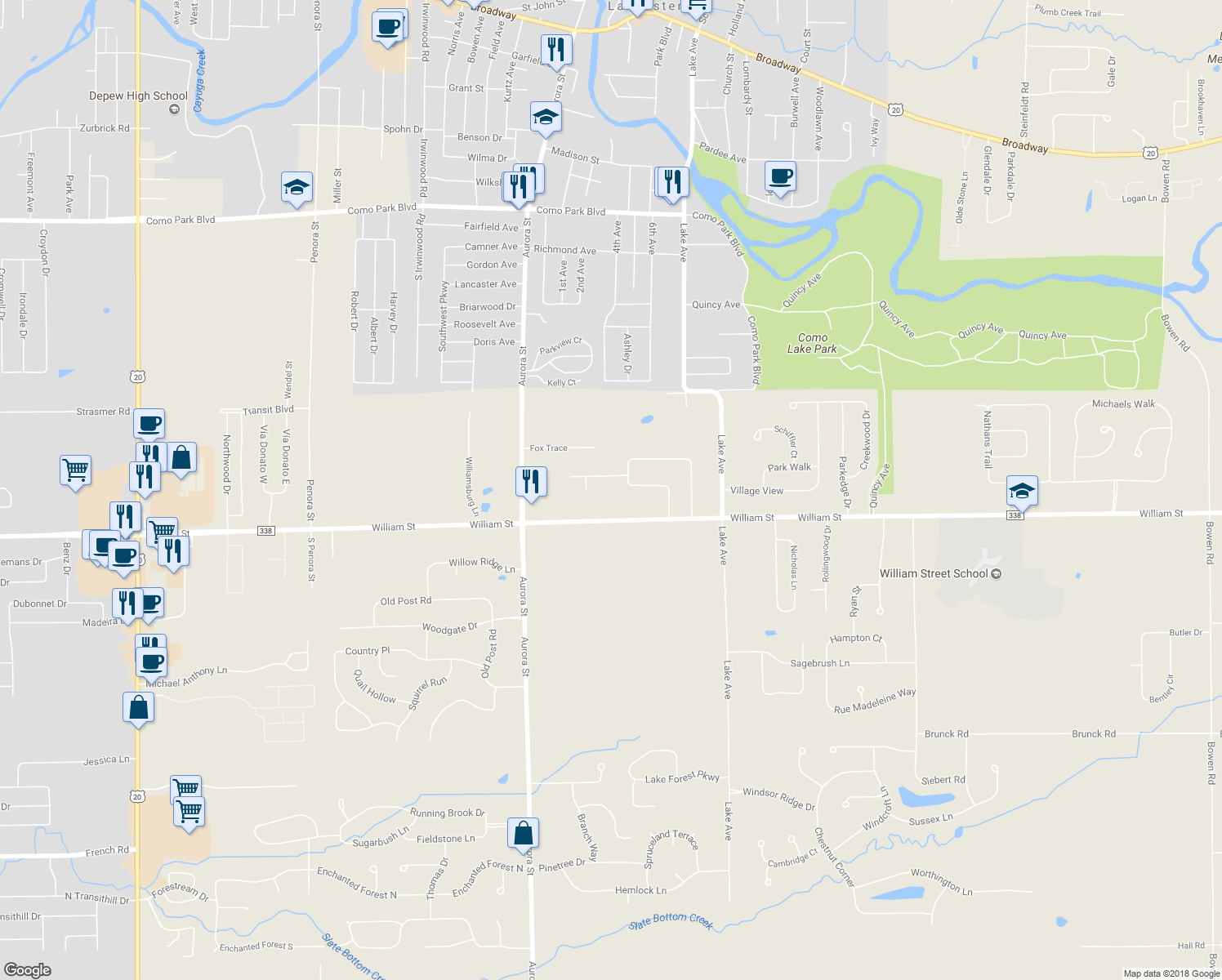 map of restaurants, bars, coffee shops, grocery stores, and more near 54 Tomahawk Trail in Lancaster