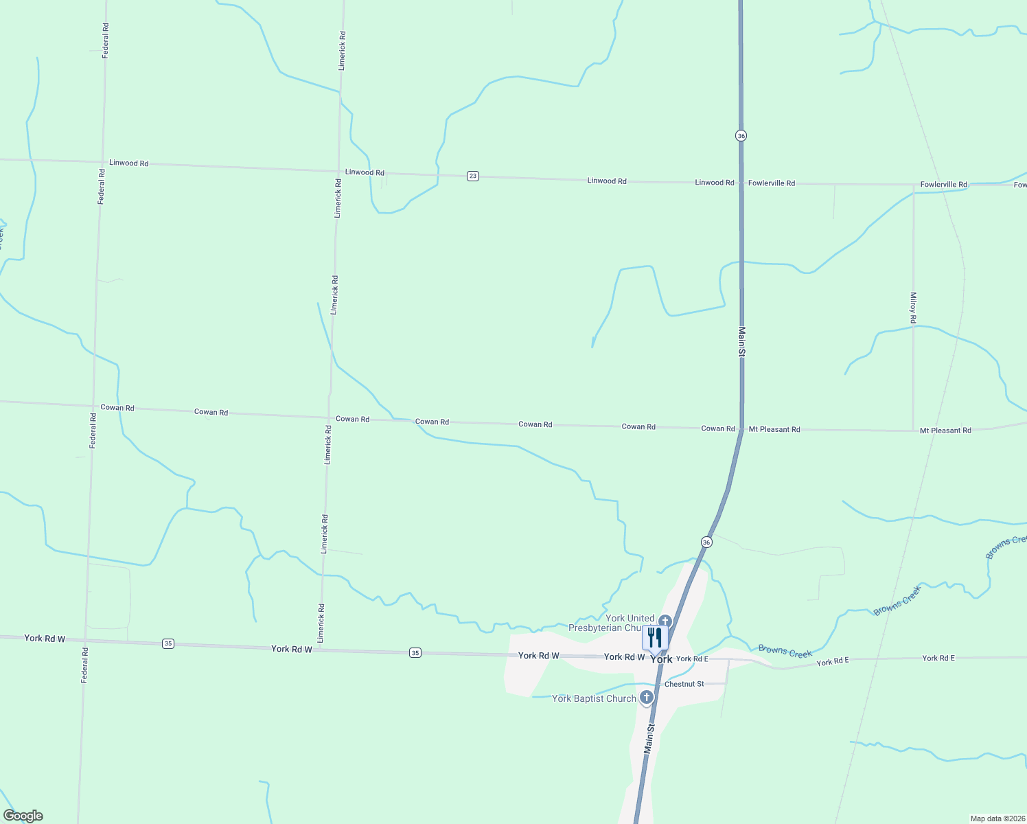 map of restaurants, bars, coffee shops, grocery stores, and more near 2575 Cowan Rd in Piffard