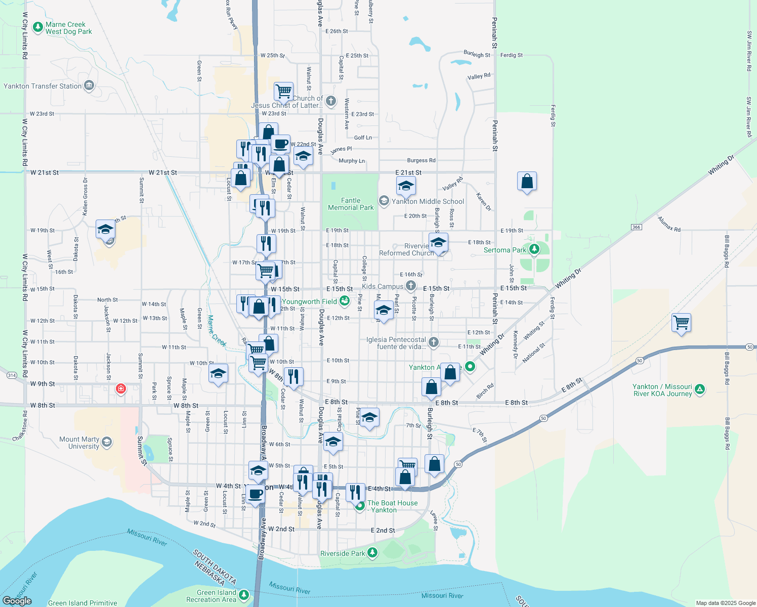 map of restaurants, bars, coffee shops, grocery stores, and more near 1399 Mulberry Street in Yankton