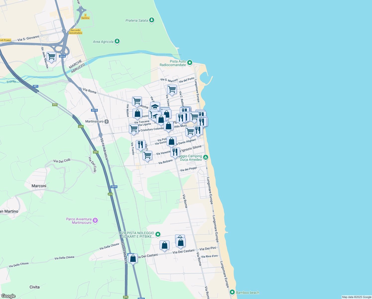 map of restaurants, bars, coffee shops, grocery stores, and more near 9 Via Giacomo Leopardi in Martinsicuro