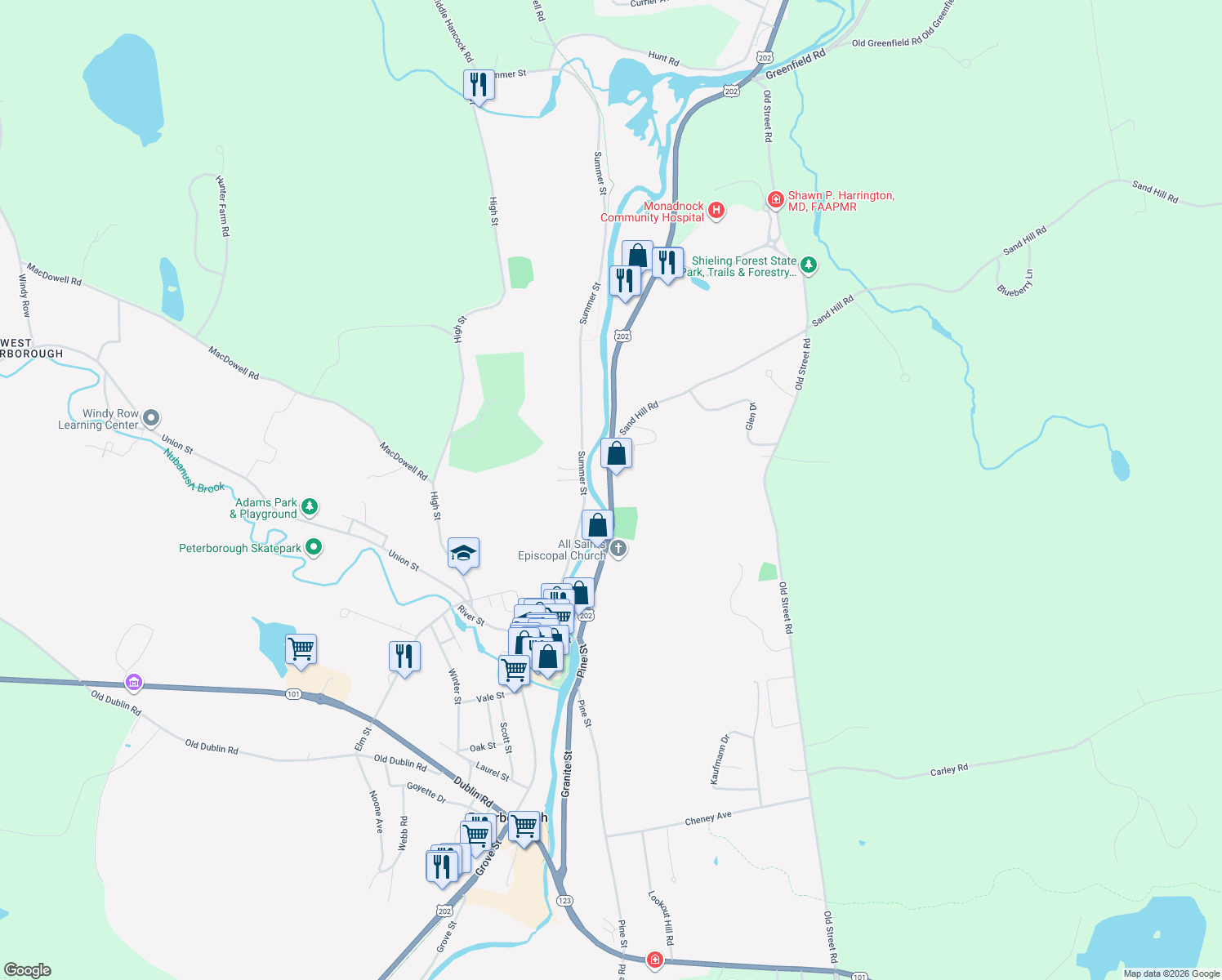 map of restaurants, bars, coffee shops, grocery stores, and more near 69 Concord Street in Peterborough