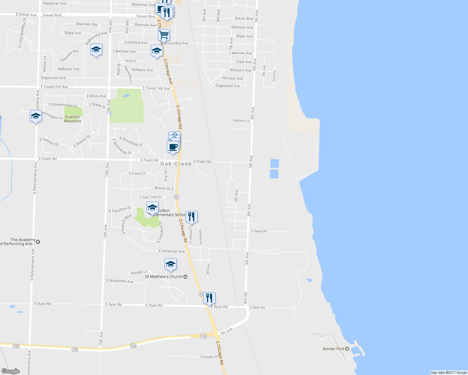 map of restaurants, bars, coffee shops, grocery stores, and more near 8839 6th Avenue in Oak Creek