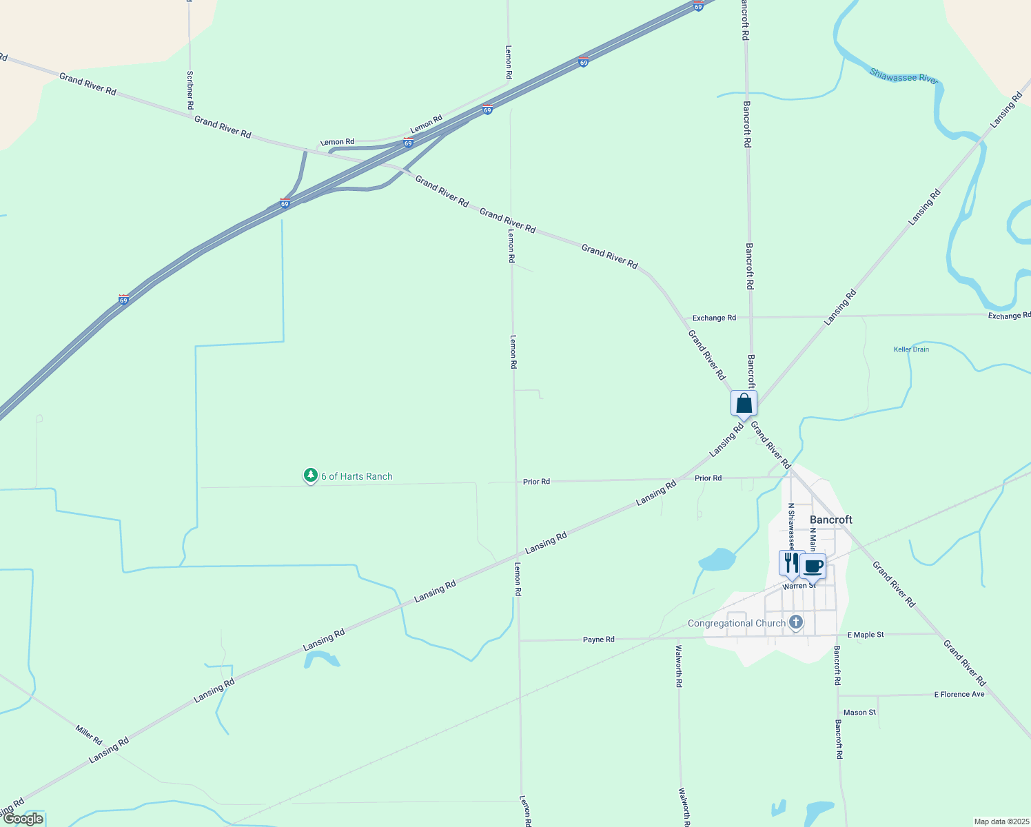 map of restaurants, bars, coffee shops, grocery stores, and more near 7743 Lemon Rd in Bancroft