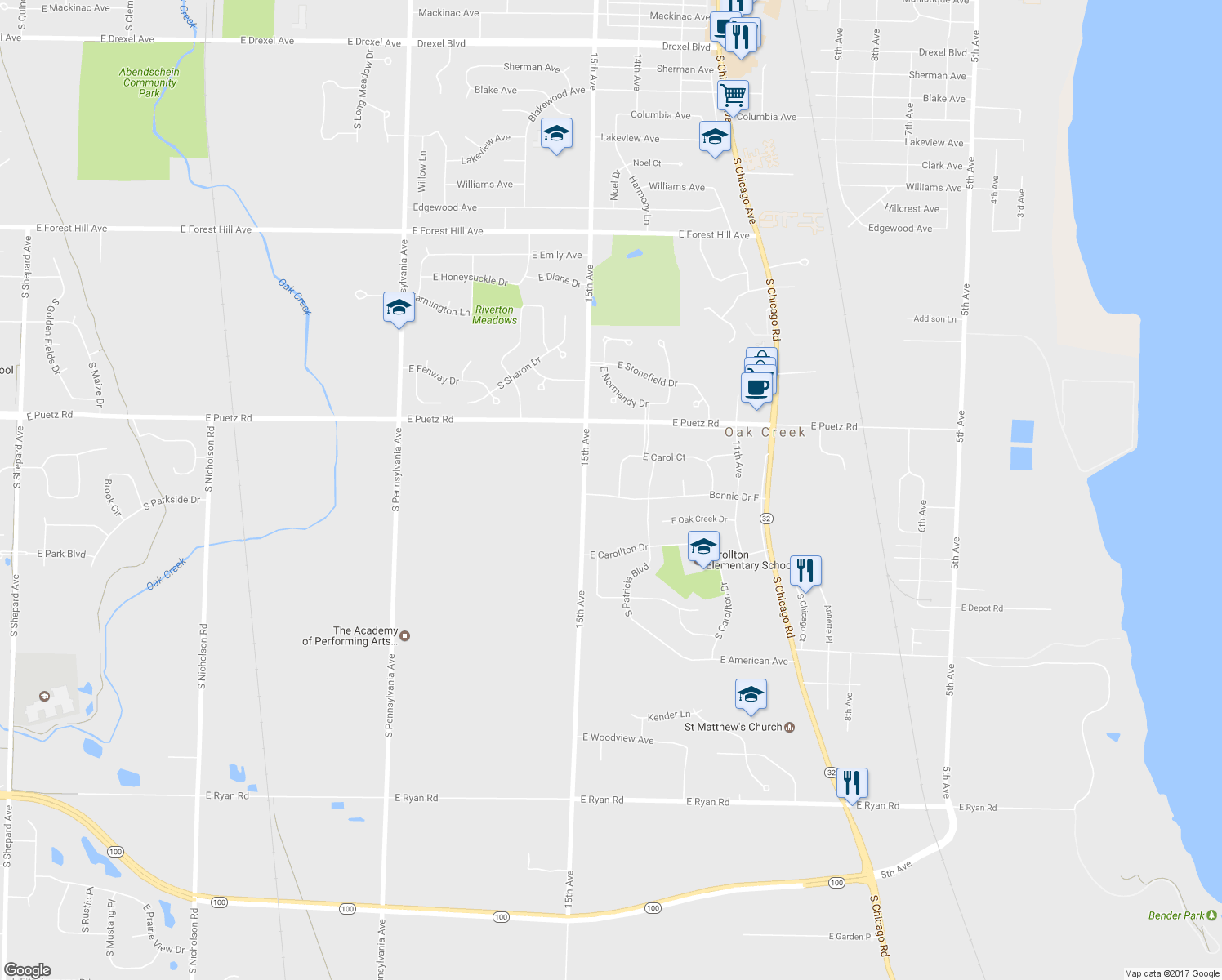 map of restaurants, bars, coffee shops, grocery stores, and more near 8833 South Carol Court in Oak Creek