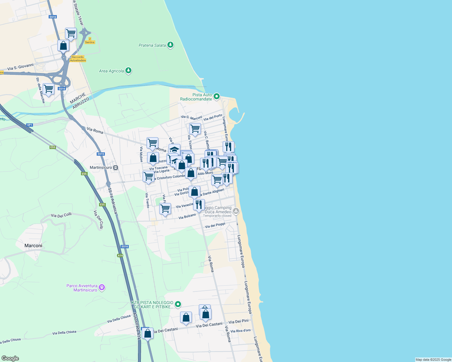 map of restaurants, bars, coffee shops, grocery stores, and more near 76 Lungomare Europa in Martinsicuro