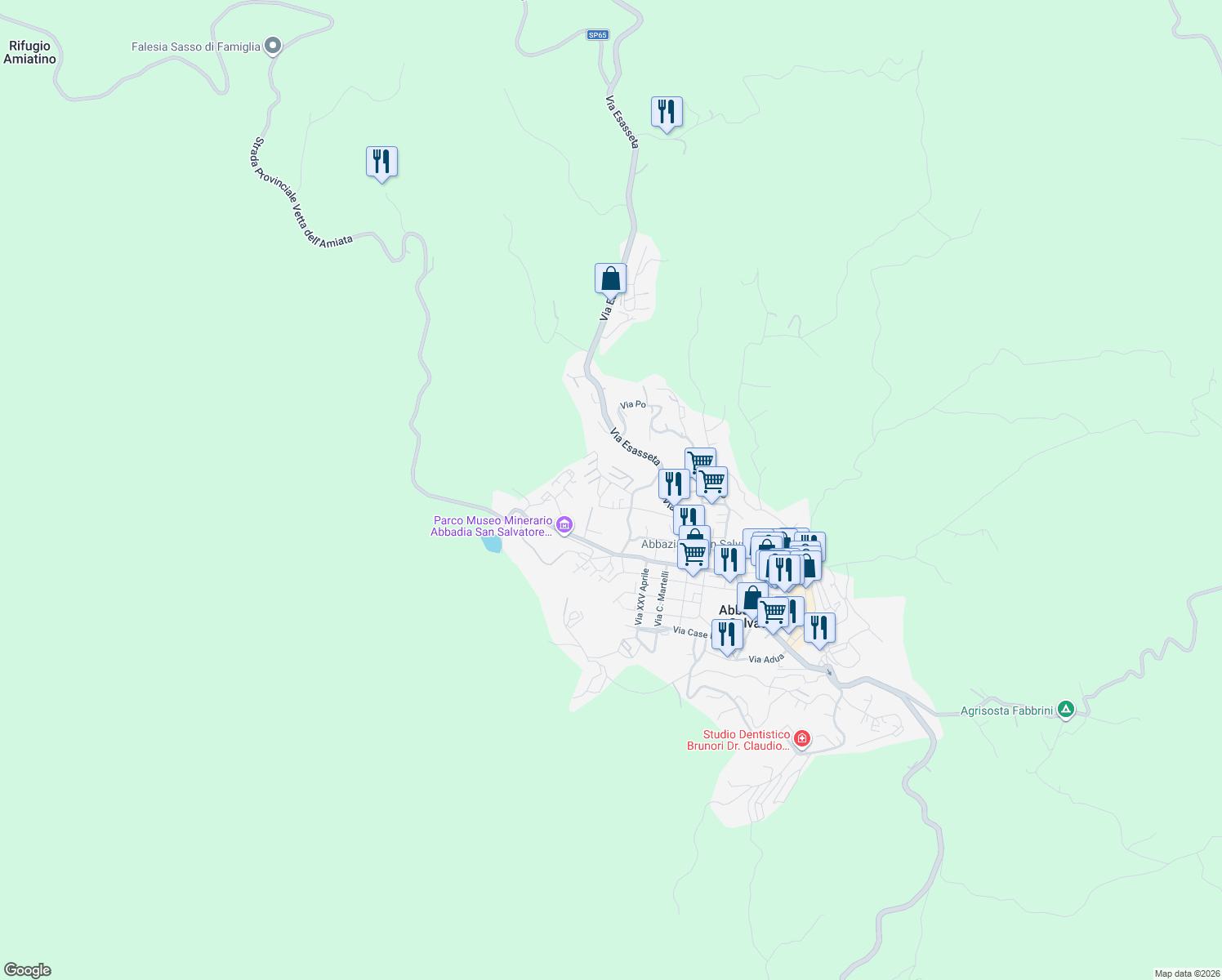 map of restaurants, bars, coffee shops, grocery stores, and more near 35 Via Seggiano in Abbadia San Salvatore