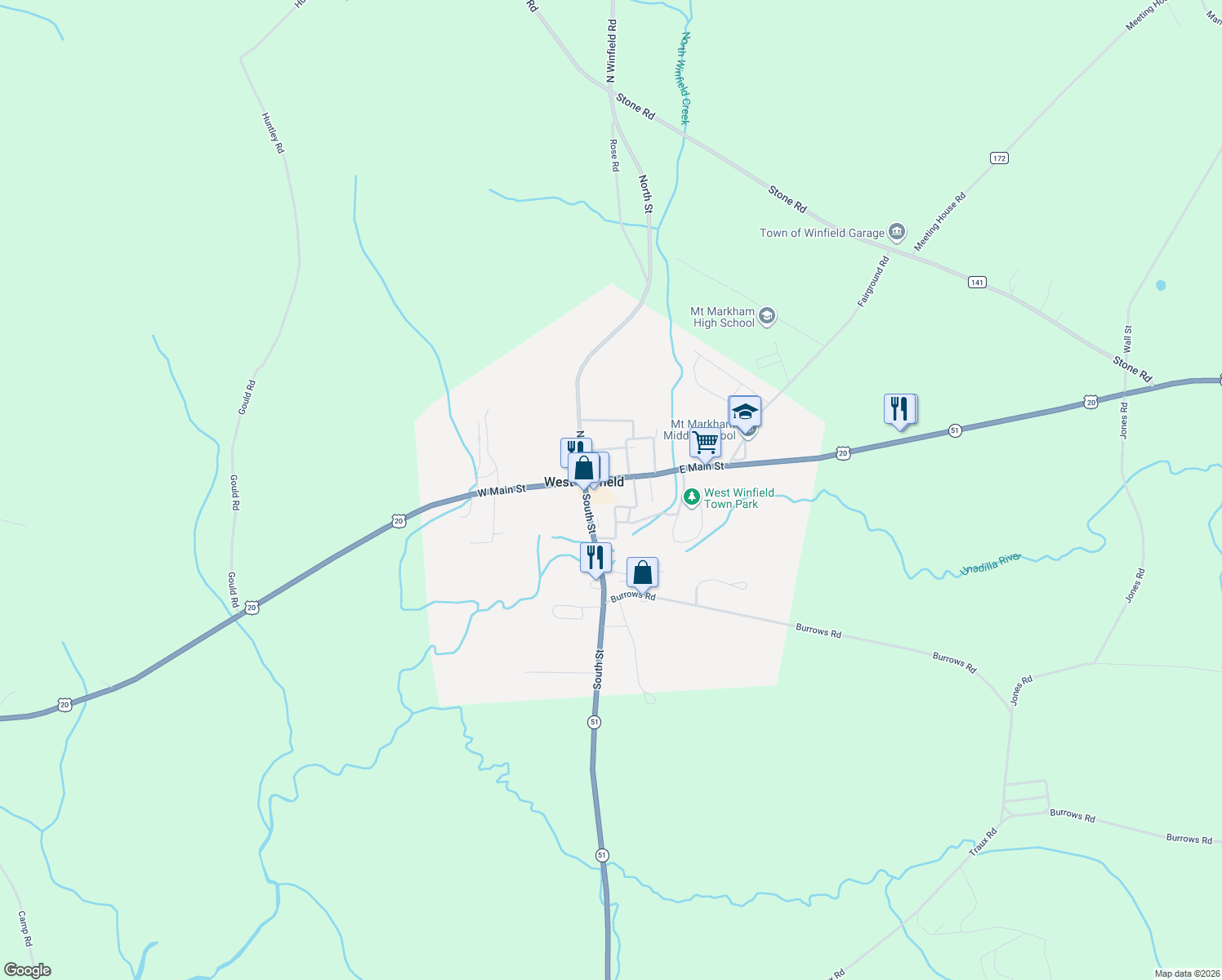 map of restaurants, bars, coffee shops, grocery stores, and more near 426 E Main St in West Winfield