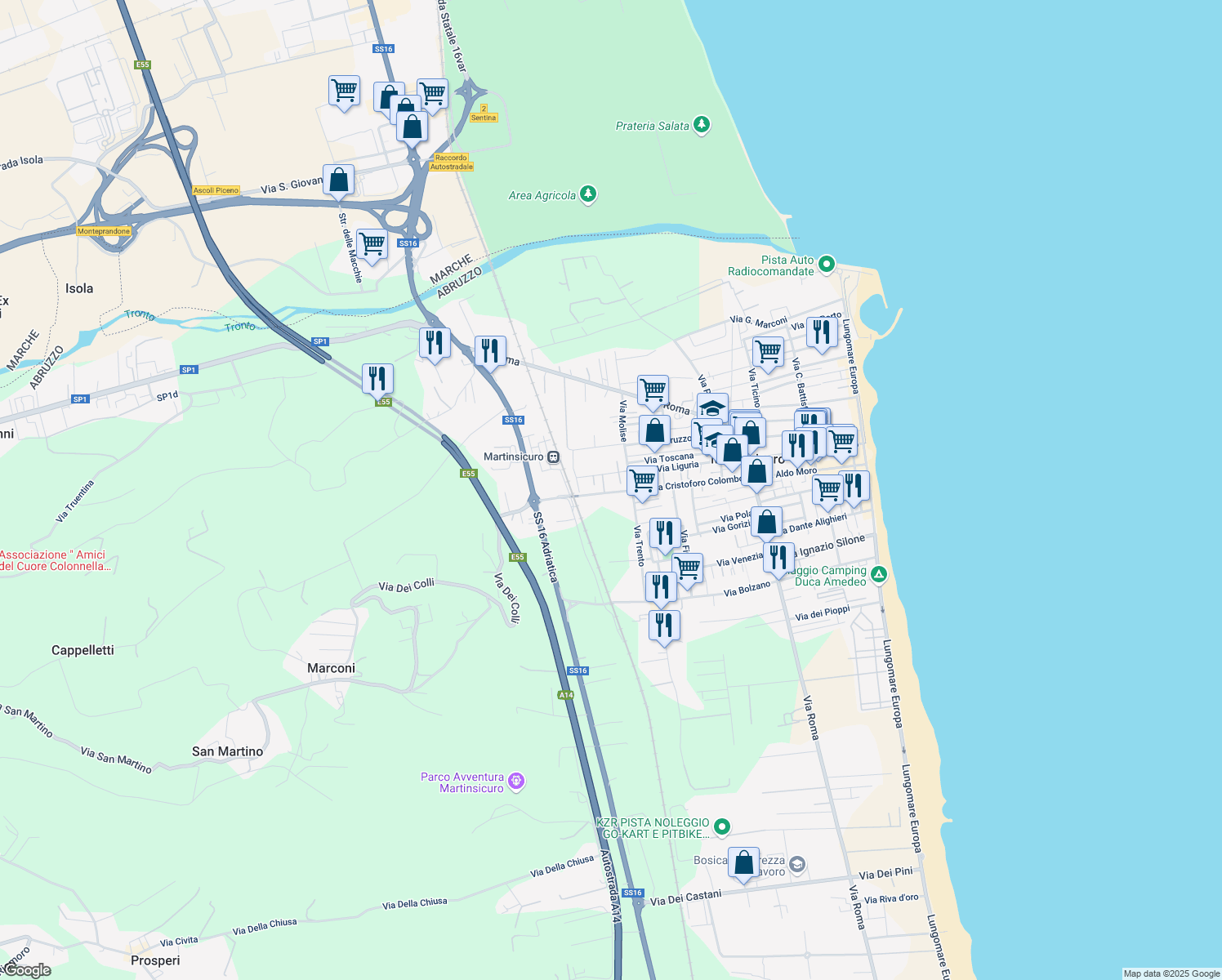 map of restaurants, bars, coffee shops, grocery stores, and more near 152A Via Cristoforo Colombo in Martinsicuro