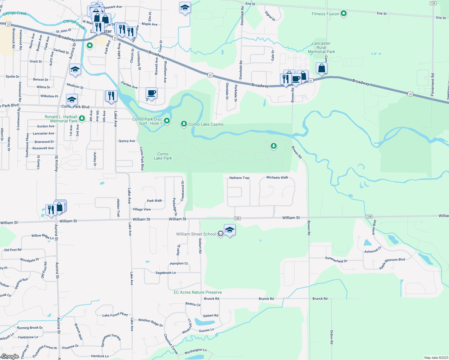 map of restaurants, bars, coffee shops, grocery stores, and more near 183 Nathans Trail in Lancaster