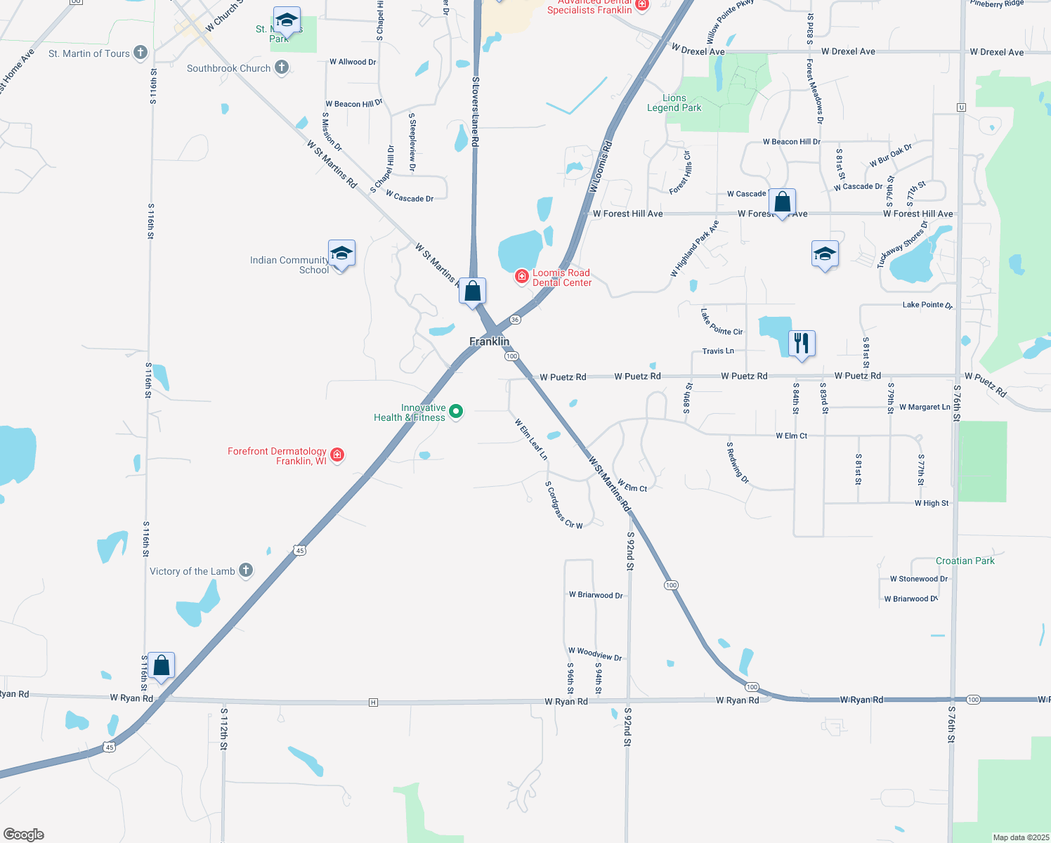 map of restaurants, bars, coffee shops, grocery stores, and more near 9830 West Elm Leaf Lane in Franklin