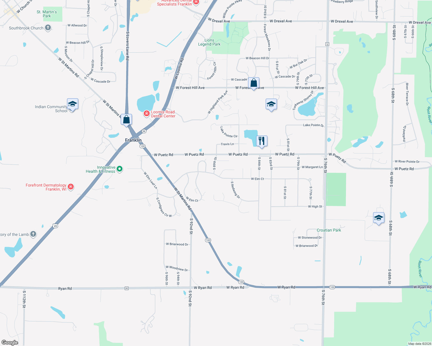 map of restaurants, bars, coffee shops, grocery stores, and more near 8830 W Elm Ct in Franklin