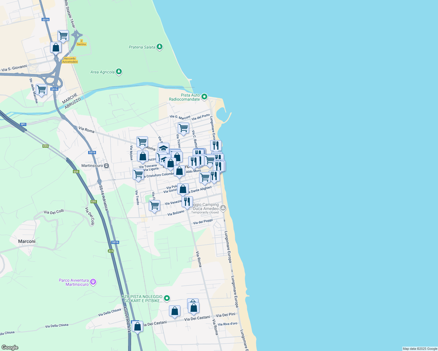 map of restaurants, bars, coffee shops, grocery stores, and more near 76 Lungomare Europa in Martinsicuro