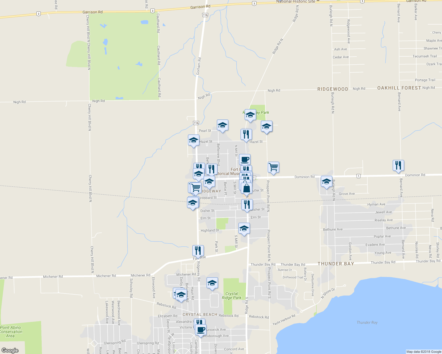 map of restaurants, bars, coffee shops, grocery stores, and more near 3780 Dominion Road in Fort Erie