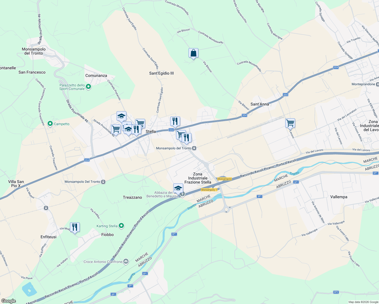 map of restaurants, bars, coffee shops, grocery stores, and more near 66 Via Cristoforo Colombo in Stella