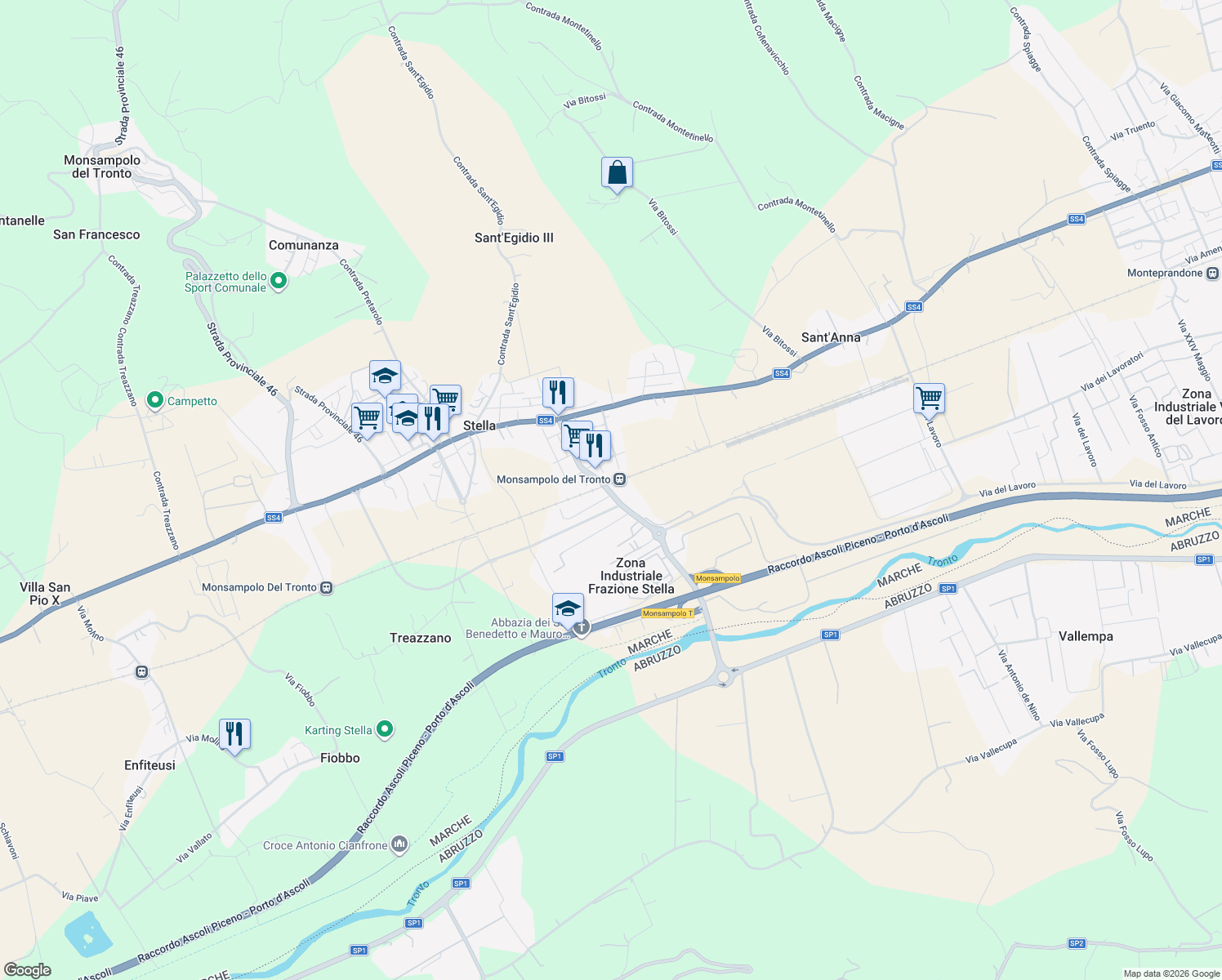 map of restaurants, bars, coffee shops, grocery stores, and more near 66 Via Cristoforo Colombo in Stella