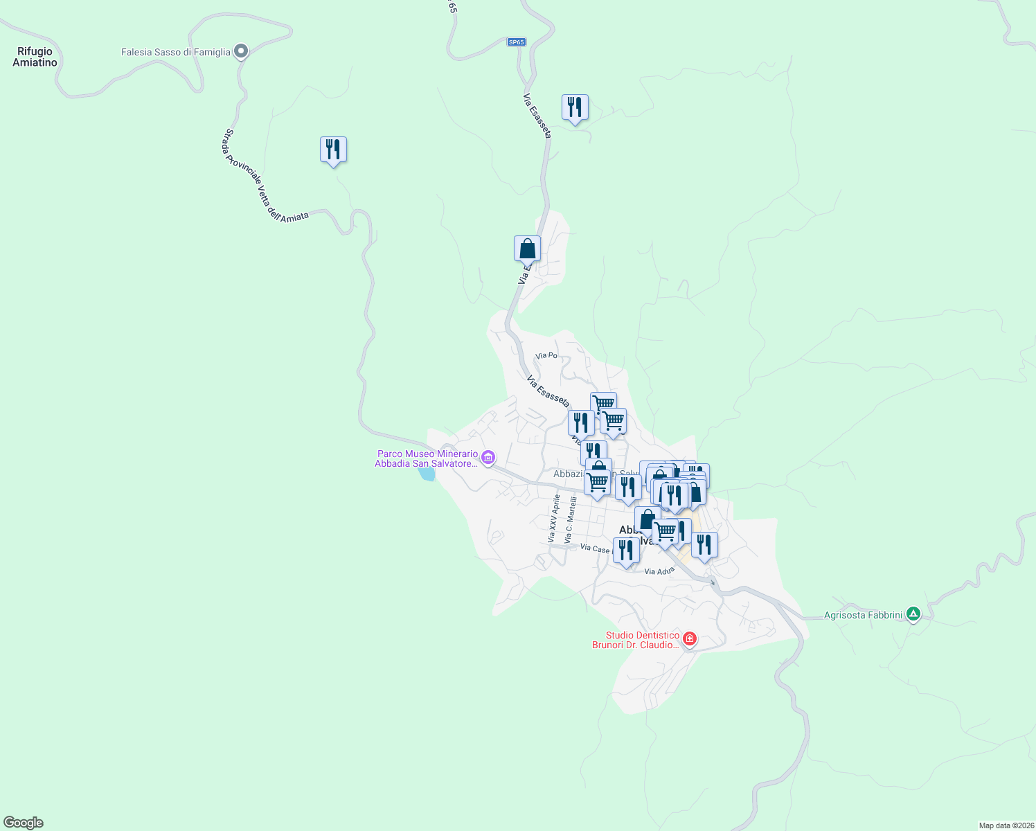 map of restaurants, bars, coffee shops, grocery stores, and more near 35 Via Seggiano in Abbadia San Salvatore