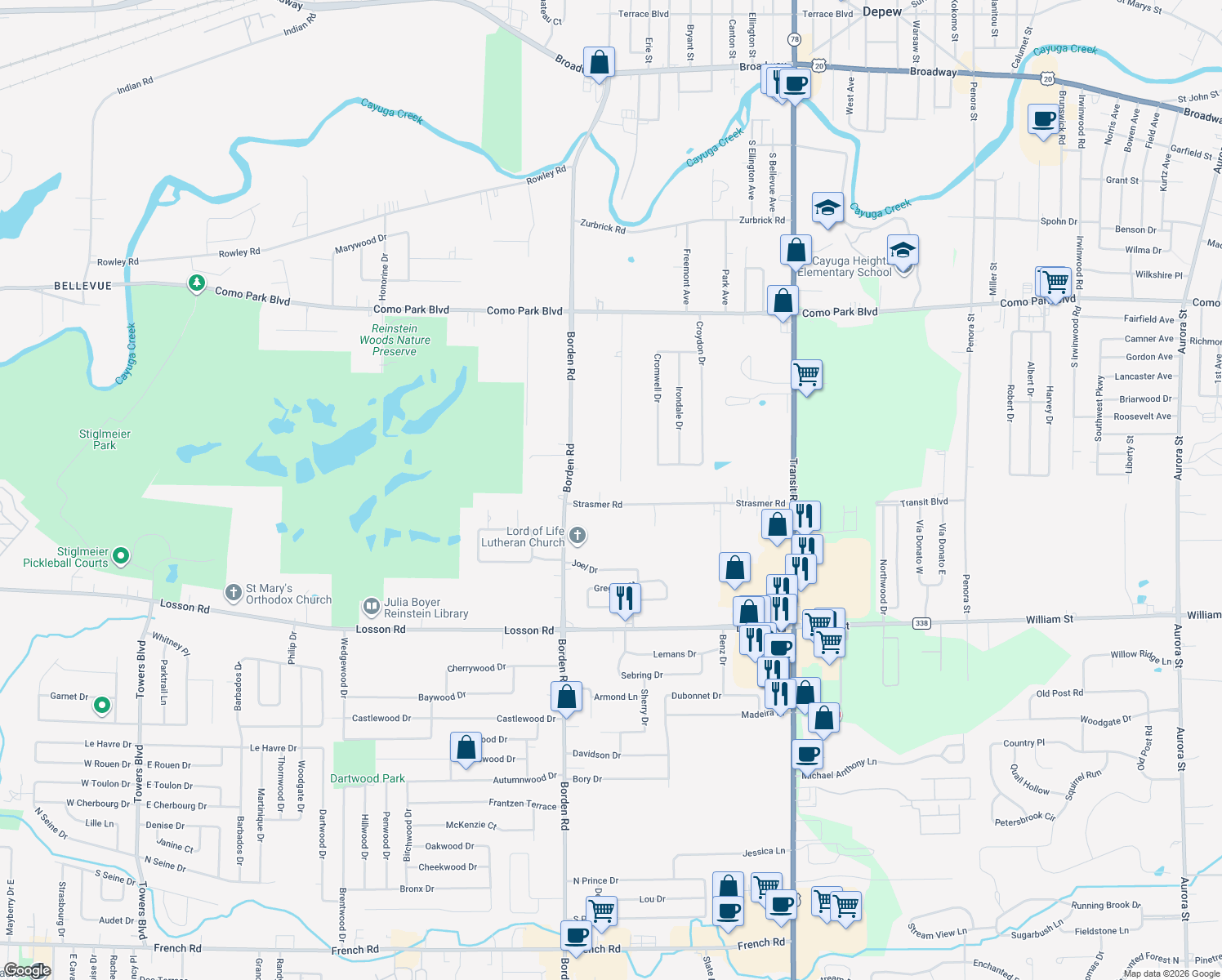 map of restaurants, bars, coffee shops, grocery stores, and more near 70 Strasmer Road in Depew