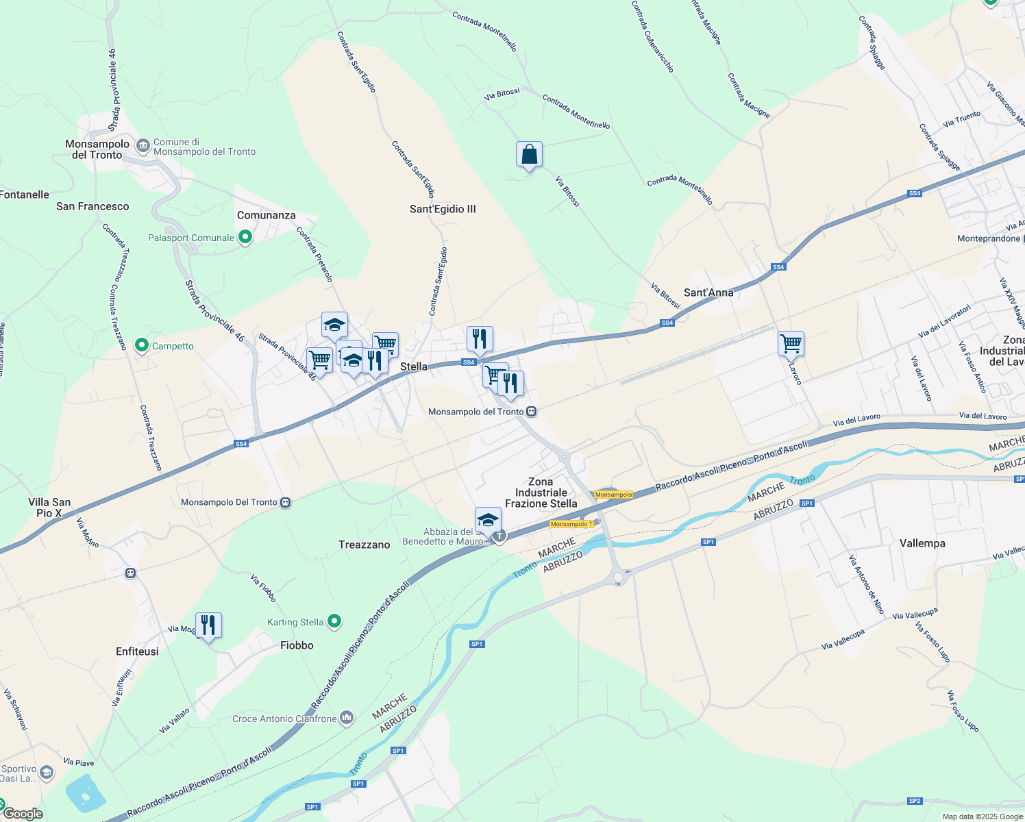 map of restaurants, bars, coffee shops, grocery stores, and more near 37 Via Cristoforo Colombo in Stella