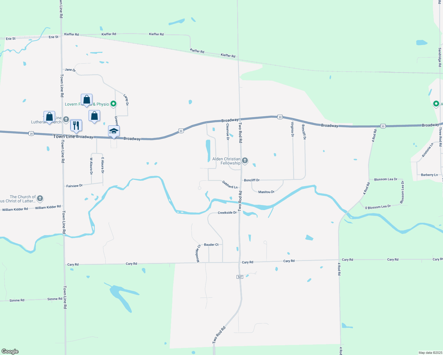 map of restaurants, bars, coffee shops, grocery stores, and more near 11588 Gebhard Ln in Alden