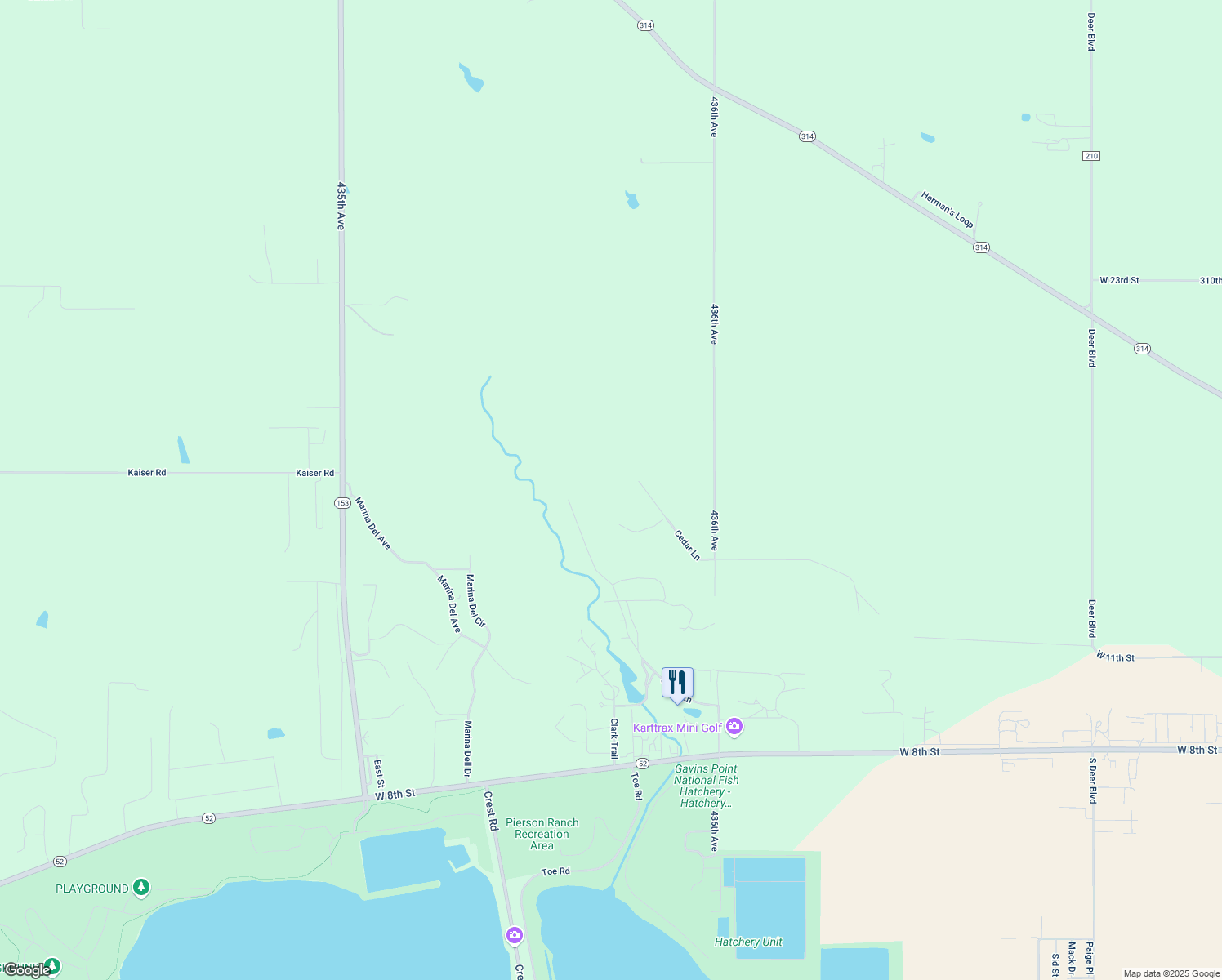 map of restaurants, bars, coffee shops, grocery stores, and more near 143 Yuka Road in Yankton