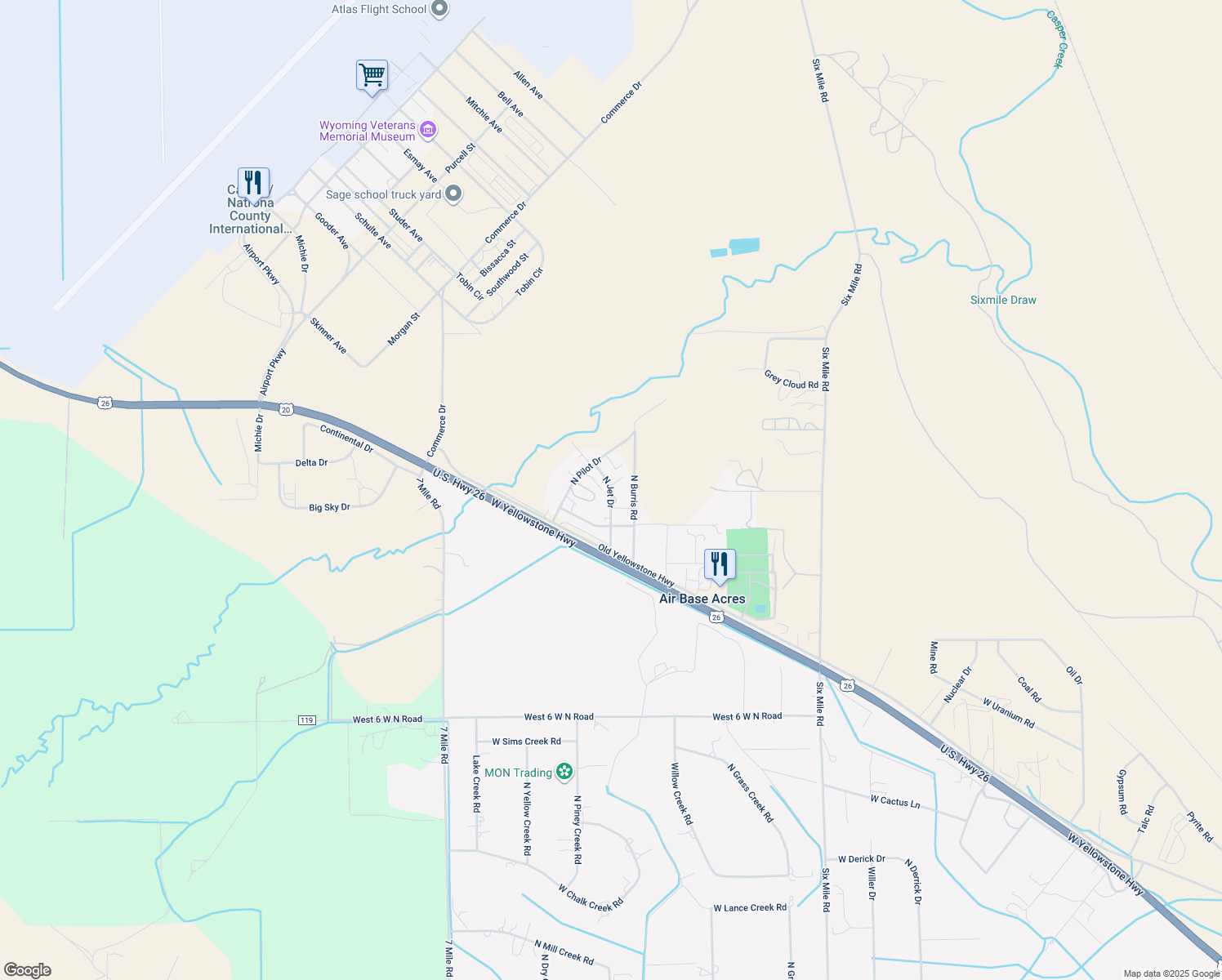 map of restaurants, bars, coffee shops, grocery stores, and more near 2927 North Jet Drive in Casper